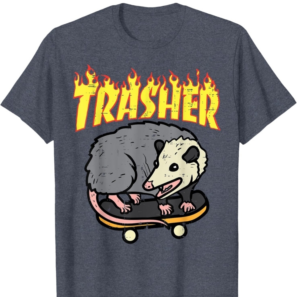 Thrasher Heather Blue Gildan Tee with Possum Design